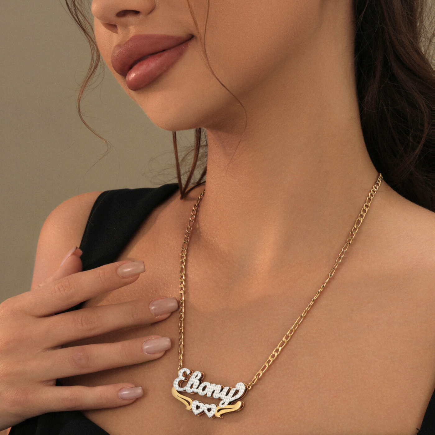 Double Plated Hearts Name Necklace w/ Figaro Chain