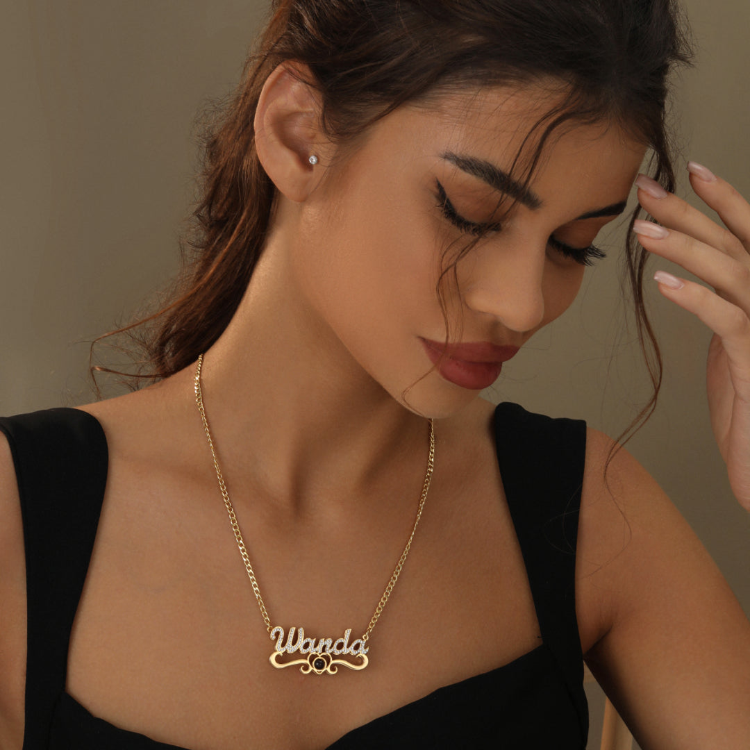Double Plated Iced Heart Photo Name Necklace w/ Cuban Chain