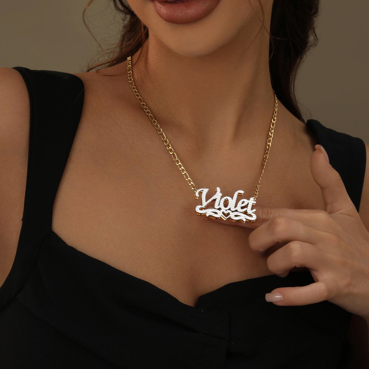 Double Plated Heart Title Name Necklace w/ Figaro Chain