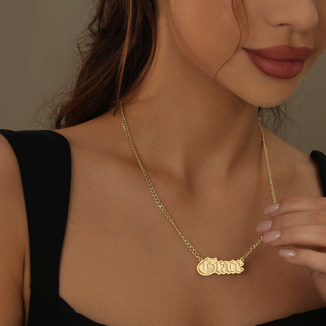 Gothic Outline Name Necklace w/ Cuban Chain