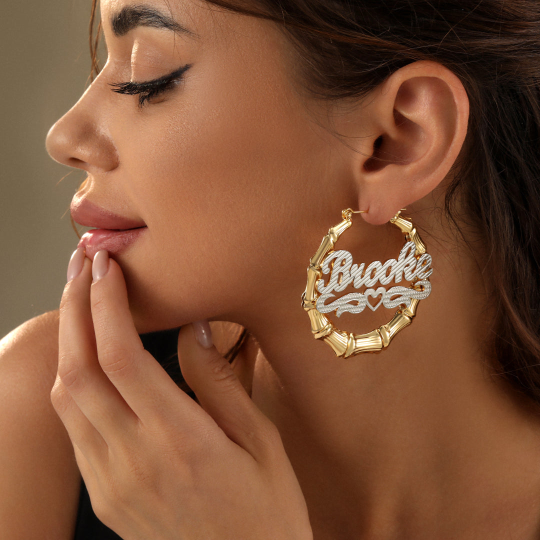 Double Plated Heart Outline Bamboo Name Hoop Earrings