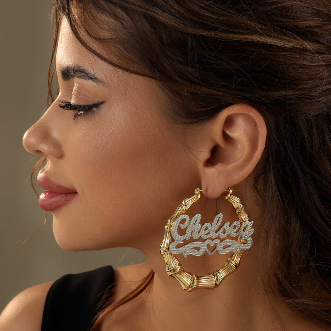 Double Plated Heart Outline Bamboo Name Hoop Earrings