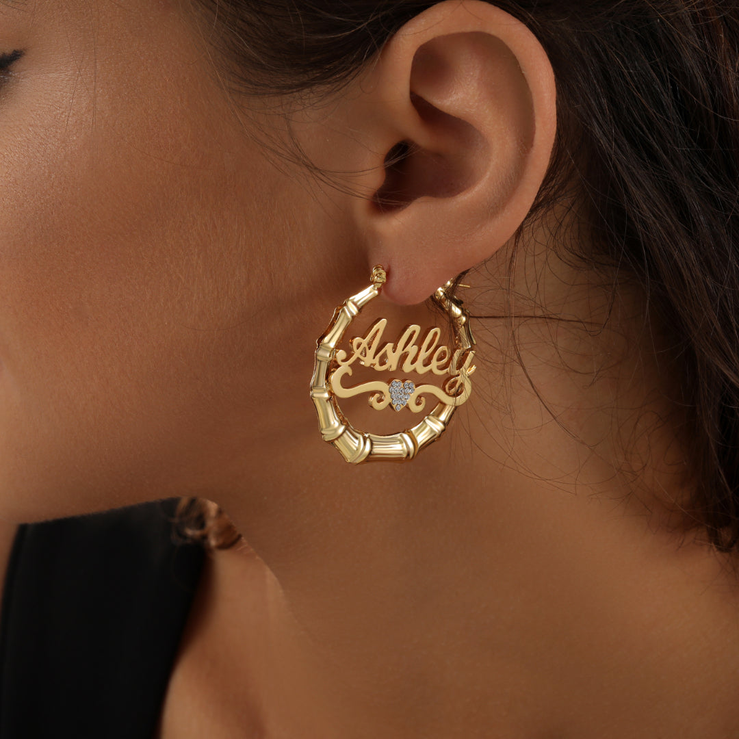 Heart Name Bamboo Hoop Earrings