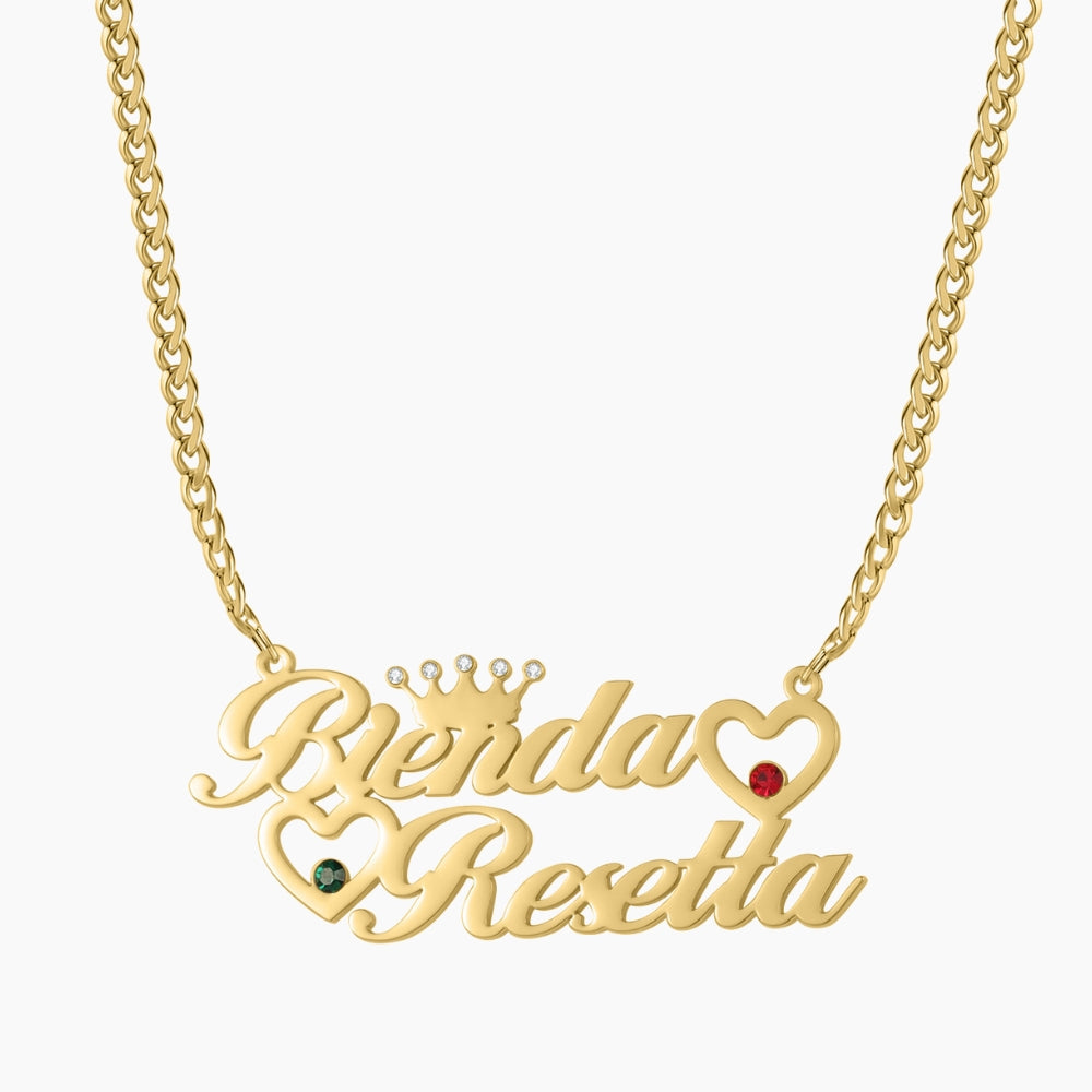Double Heart Name Necklace w/ Cuban Chain