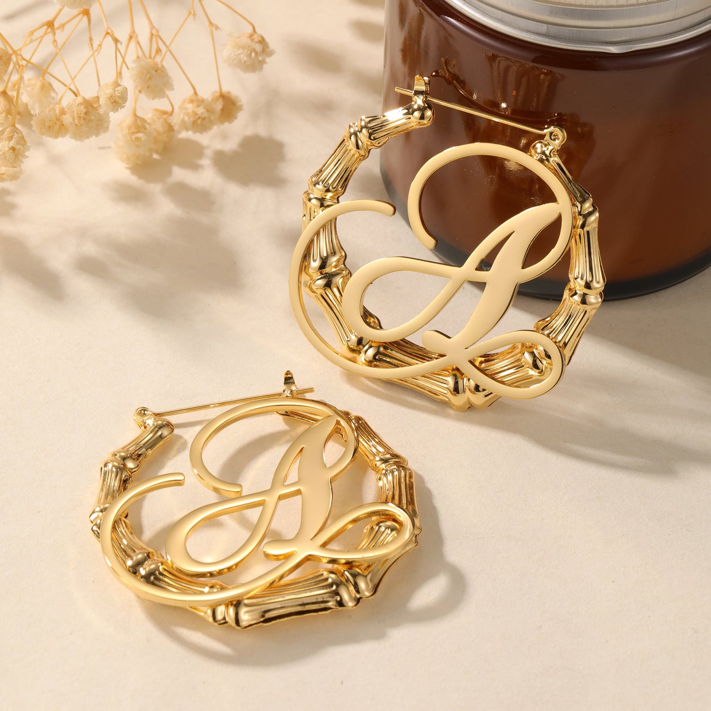Bamboo Initial Hoop Earrings