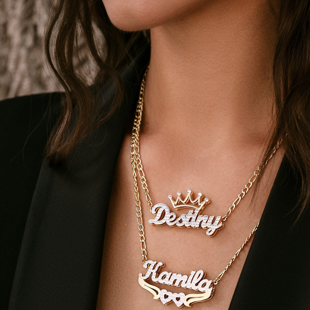 Double Plated Crown Name Necklace w/ Figaro Chain