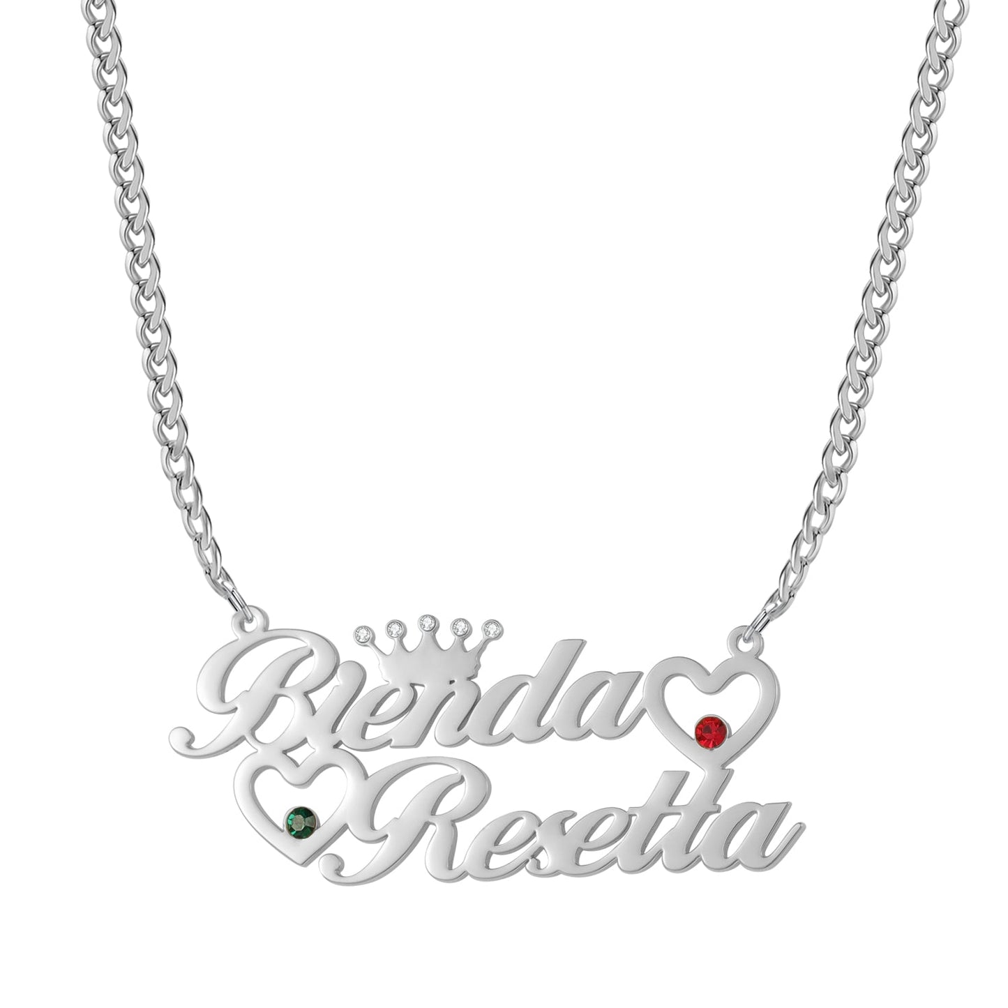 Double Heart Name Necklace w/ Cuban Chain