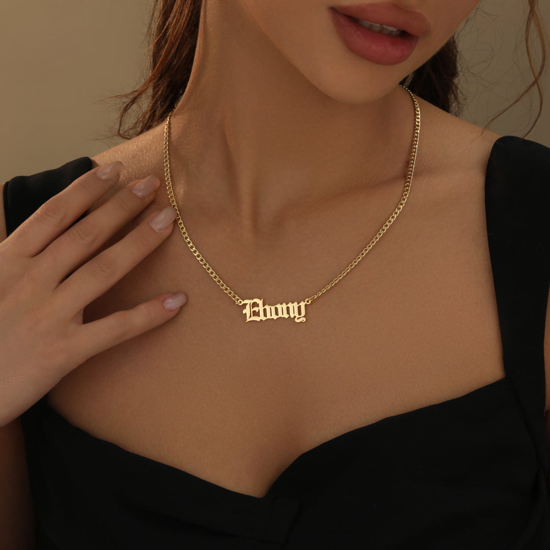 Kids Gothic Name Necklace w/ Cuban Chain