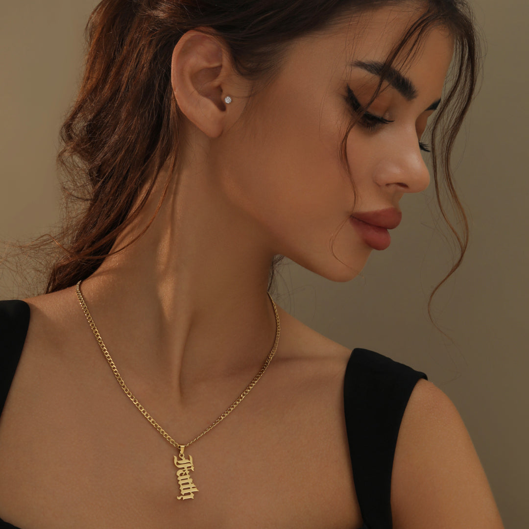 Vertical Gothic Name Necklace w/ Cuban Chain