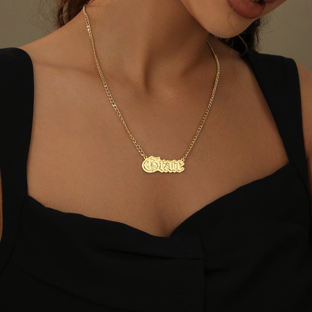 Gothic Outline Name Necklace w/ Cuban Chain