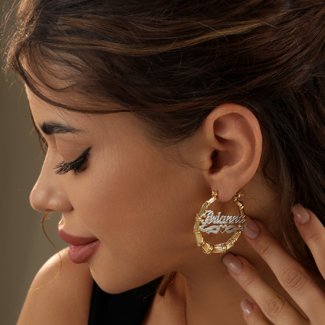 Double Plated Heart Outline Bamboo Name Hoop Earrings